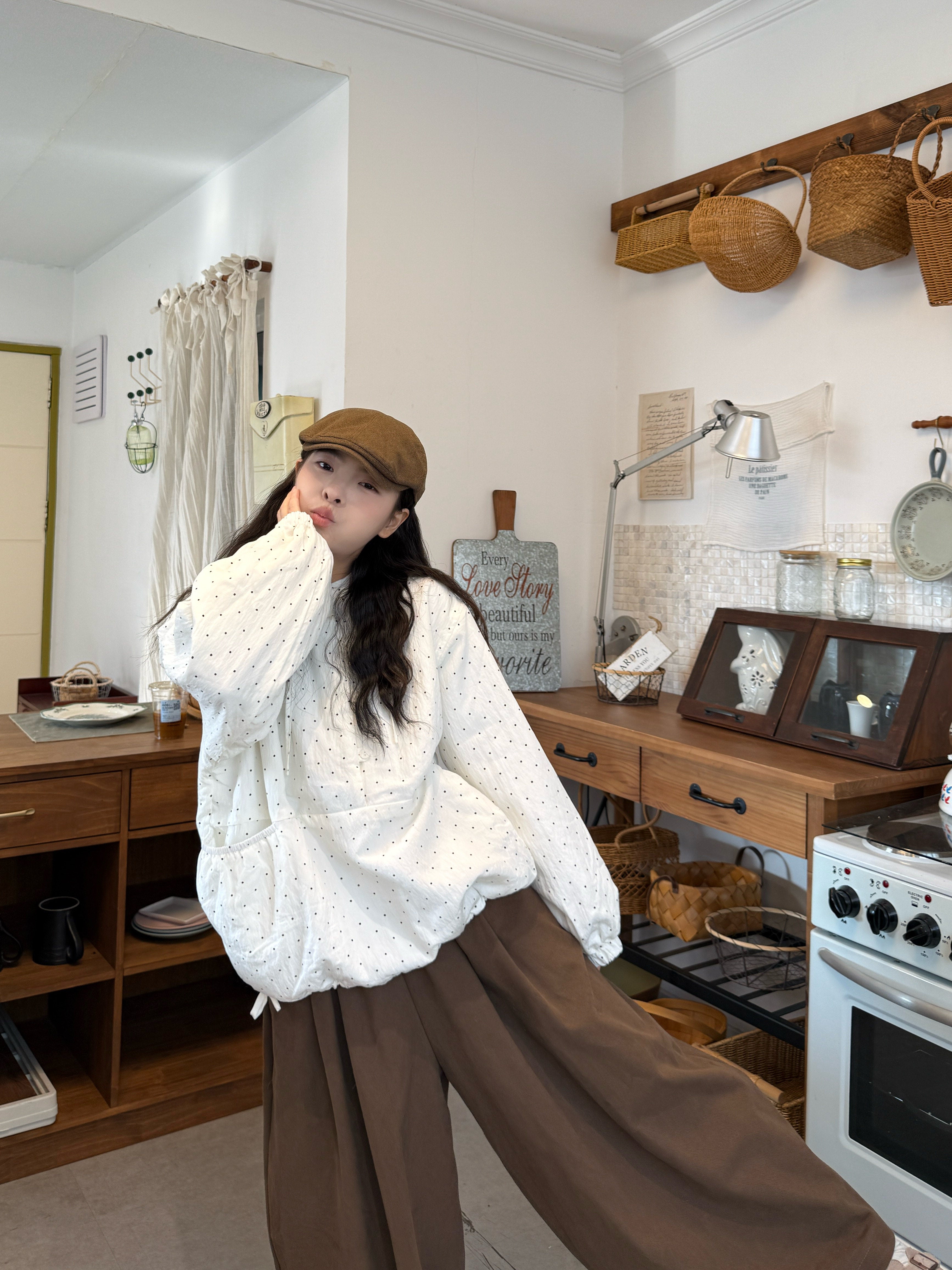 Japanese Vintage Polka Dot Hoodie & Pants Set - kawaii-inspired outfit in pastel colors - 59118638