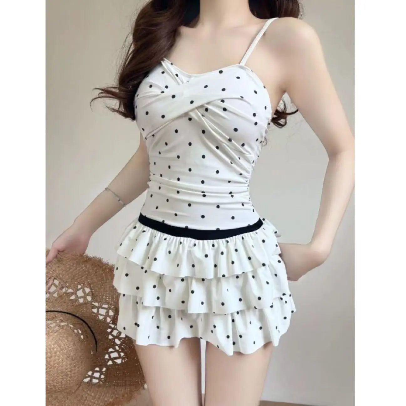 2026 New Vintage Polka Dot Ruffle Skirted Swimsuit Women Backless Crossover Front One-Piece Swimwear Cute Beach Bathing