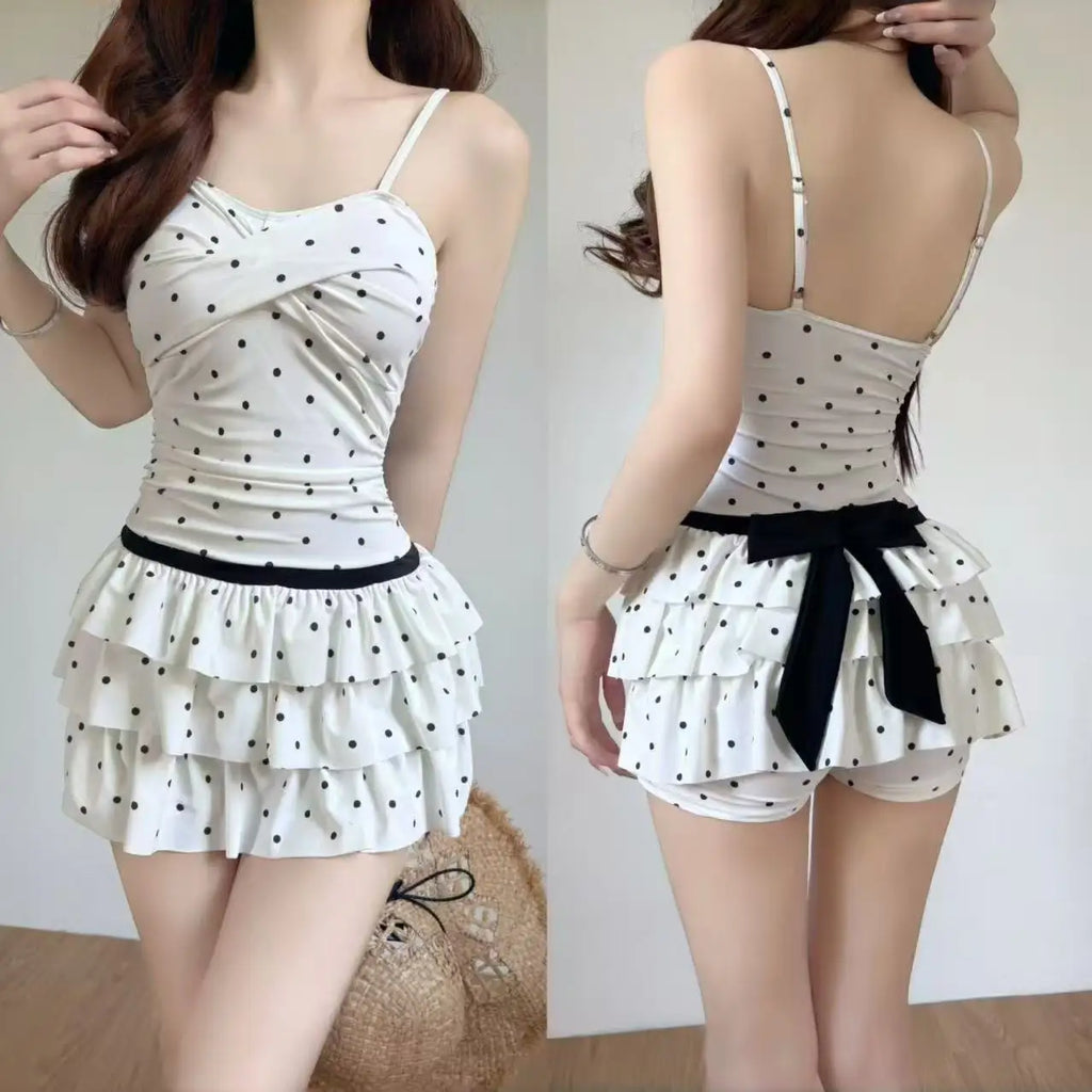 2026 New Vintage Polka Dot Ruffle Skirted Swimsuit Women Backless Crossover Front One-Piece Swimwear Cute Beach Bathing