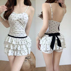 2026 New Vintage Polka Dot Ruffle Skirted Swimsuit Women Backless Crossover Front One-Piece Swimwear Cute Beach Bathing