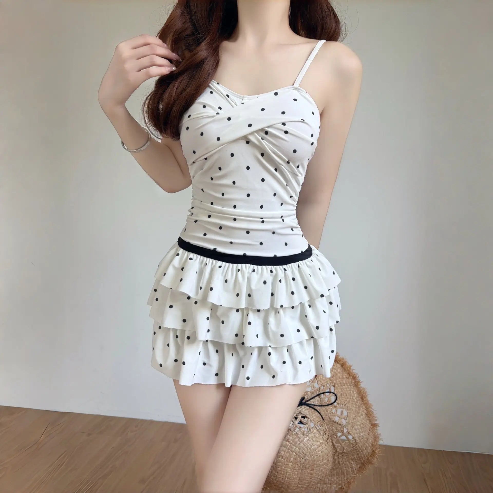 2026 New Vintage Polka Dot Ruffle Skirted Swimsuit Women Backless Crossover Front One-Piece Swimwear Cute Beach Bathing