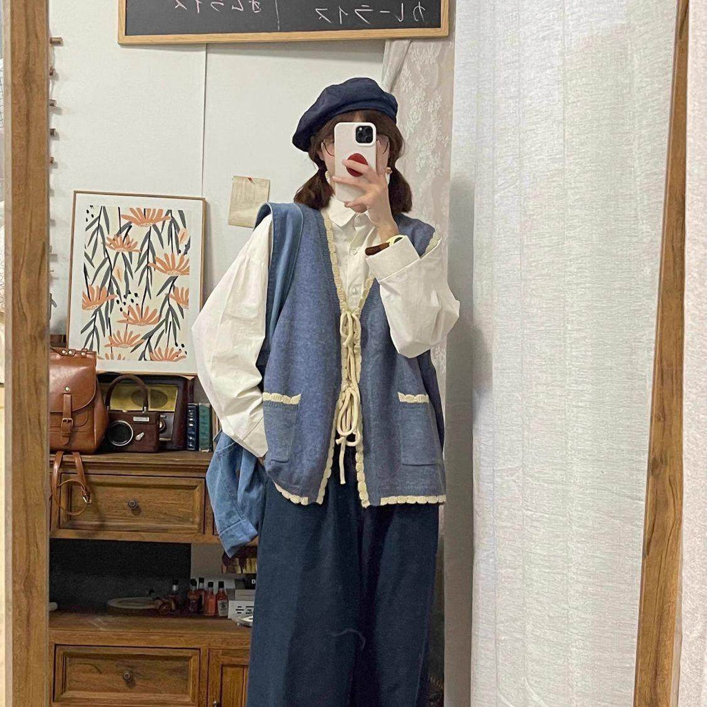 Japanese Retro Preppy Knit Cardigan Shirt Set - kawaii-inspired outfit in pastel colors - 8020422