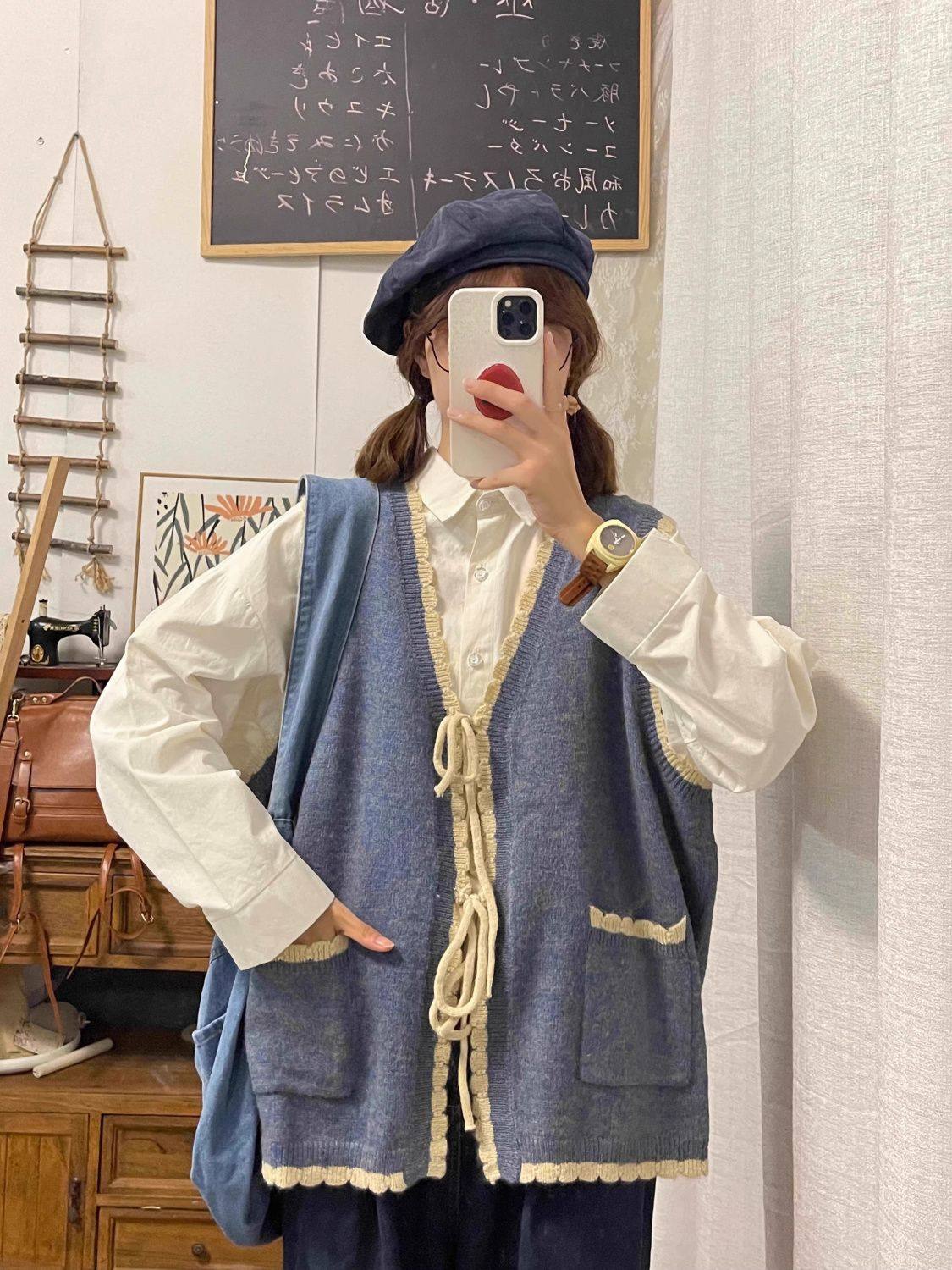 Japanese Retro Preppy Knit Cardigan Shirt Set - kawaii-inspired outfit in pastel colors - 65798315