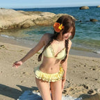 Japanese Kawaii Printed Halter Bikini Set Women Sweet Ruffle Two Piece Swimsuit Summer Beach Vacation Casual Outfit