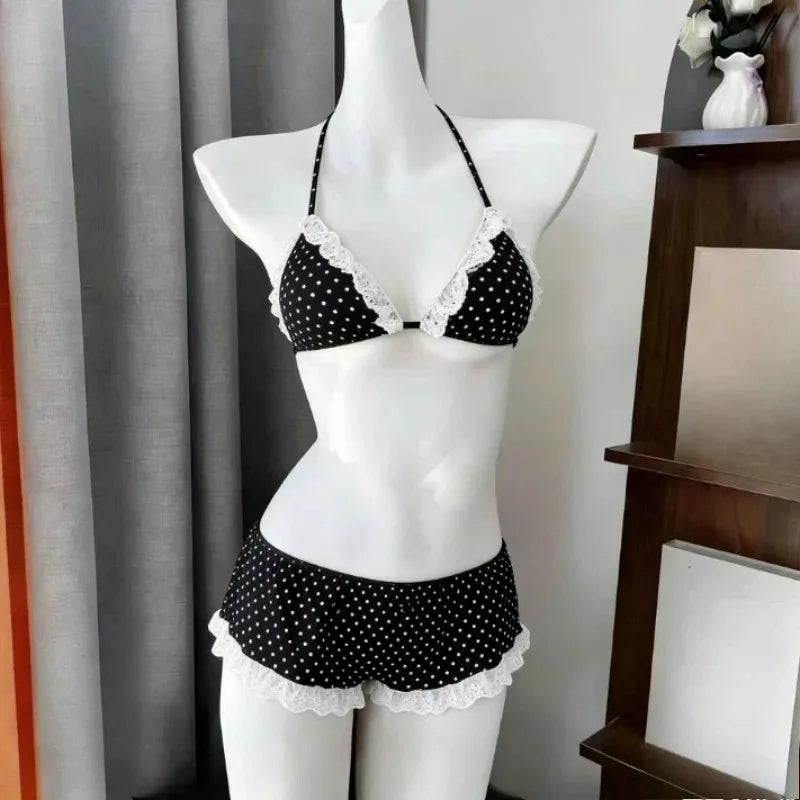 Japanese Kawaii Printed Halter Bikini Set Women Sweet Ruffle Two Piece Swimsuit Summer Beach Vacation Casual Outfit
