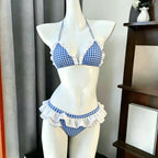 Japanese Kawaii Printed Halter Bikini Set Women Sweet Ruffle Two Piece Swimsuit Summer Beach Vacation Casual Outfit
