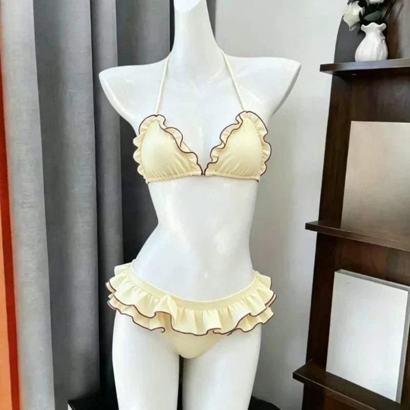 Japanese Kawaii Printed Halter Bikini Set Women Sweet Ruffle Two Piece Swimsuit Summer Beach Vacation Casual Outfit