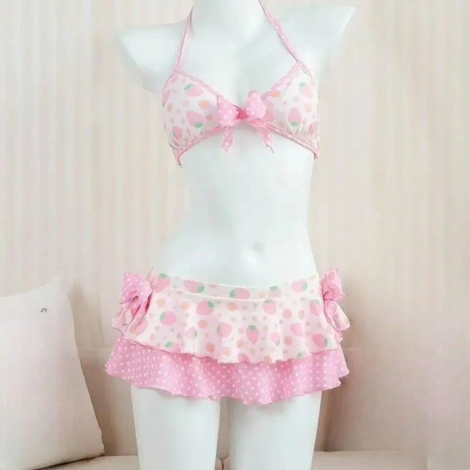 Japanese Kawaii Printed Halter Bikini Set Women Sweet Ruffle Two Piece Swimsuit Summer Beach Vacation Casual Outfit