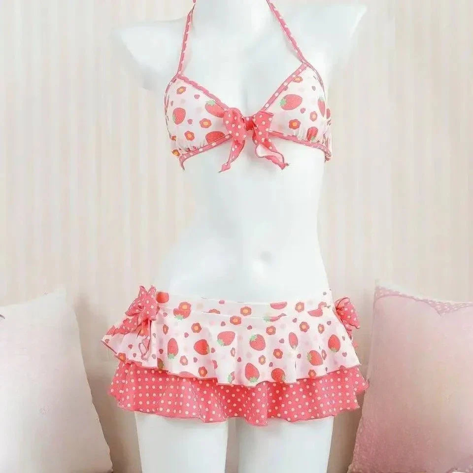 Japanese Kawaii Printed Halter Bikini Set Women Sweet Ruffle Two Piece Swimsuit Summer Beach Vacation Casual Outfit