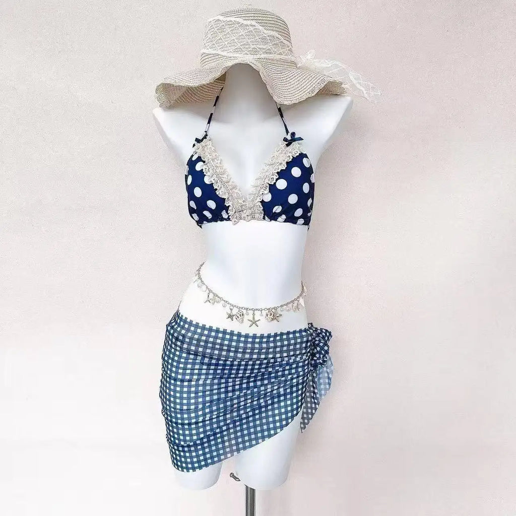 Japanese Kawaii Printed Halter Bikini Set Women Sweet Ruffle Two Piece Swimsuit Summer Beach Vacation Casual Outfit