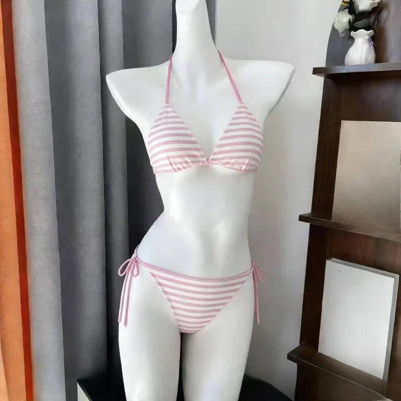 Japanese Kawaii Printed Halter Bikini Set Women Sweet Ruffle Two Piece Swimsuit Summer Beach Vacation Casual Outfit