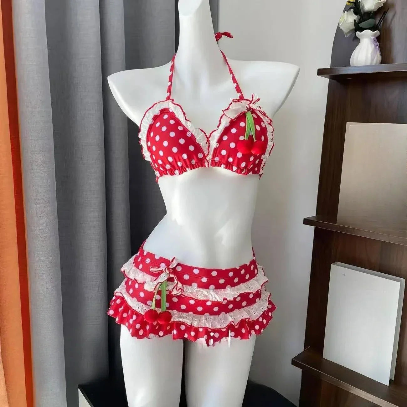 Japanese Kawaii Printed Halter Bikini Set Women Sweet Ruffle Two Piece Swimsuit Summer Beach Vacation Casual Outfit