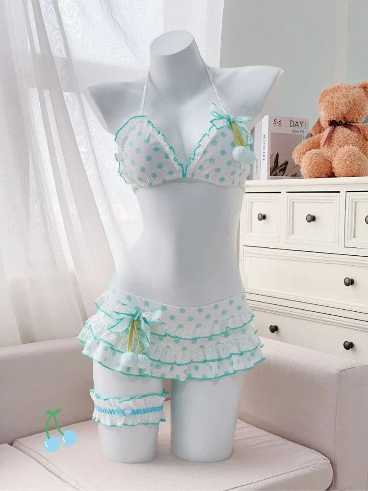 Japanese Kawaii Printed Halter Bikini Set Women Sweet Ruffle Two Piece Swimsuit Summer Beach Vacation Casual Outfit