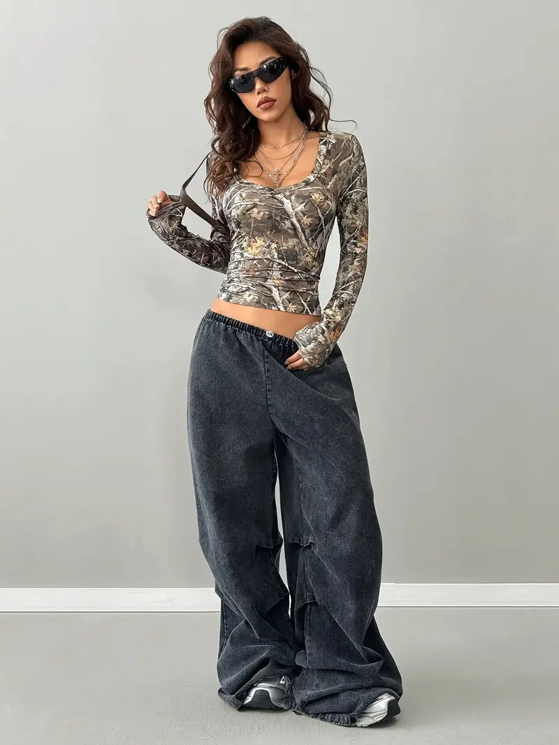Cross-Border European and American Autum New Women’s Clothing Y2K Sexy Style Printed Long-Sleeved Women’s Bottoming
