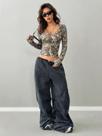 Cross-Border European and American Autum New Women’s Clothing Y2K Sexy Style Printed Long-Sleeved Women’s Bottoming