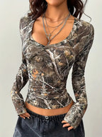 Cross-Border European and American Autum New Women’s Clothing Y2K Sexy Style Printed Long-Sleeved Women’s Bottoming