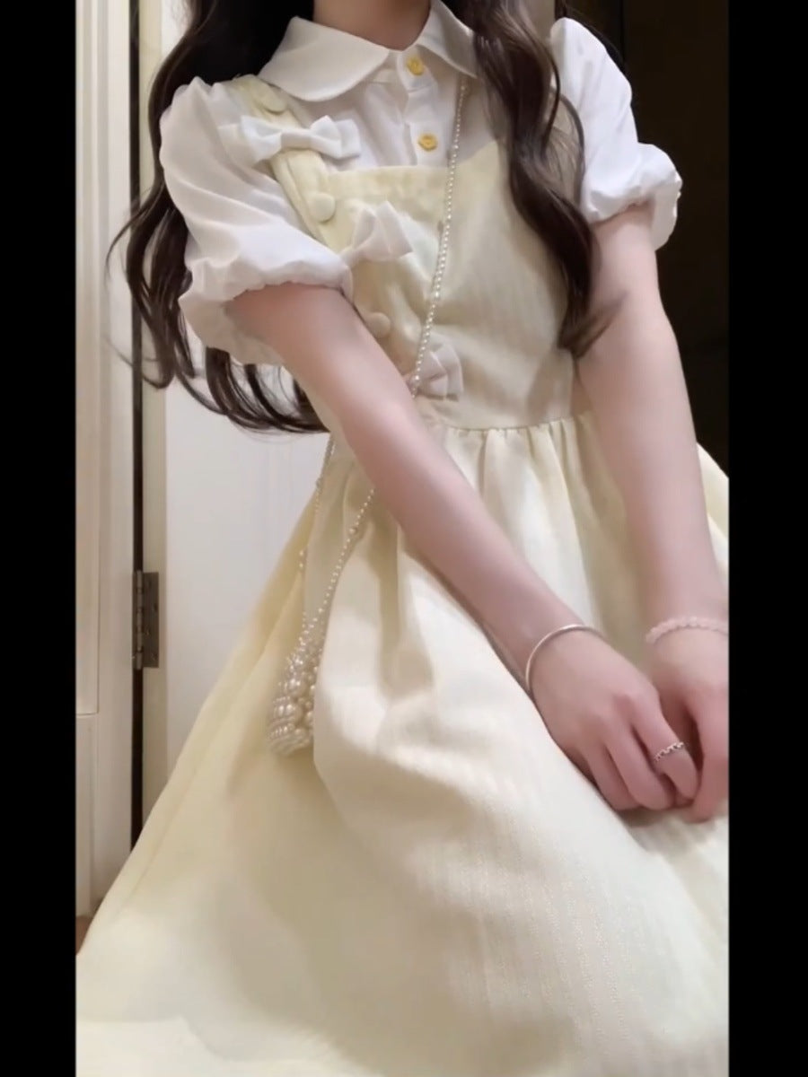 Lemon Cream Layered Bow Dress - kawaii-inspired outfit in pastel colors - 90842520