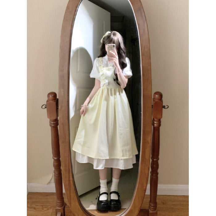 Lemon Cream Layered Bow Dress - kawaii-inspired outfit in pastel colors - 83648473