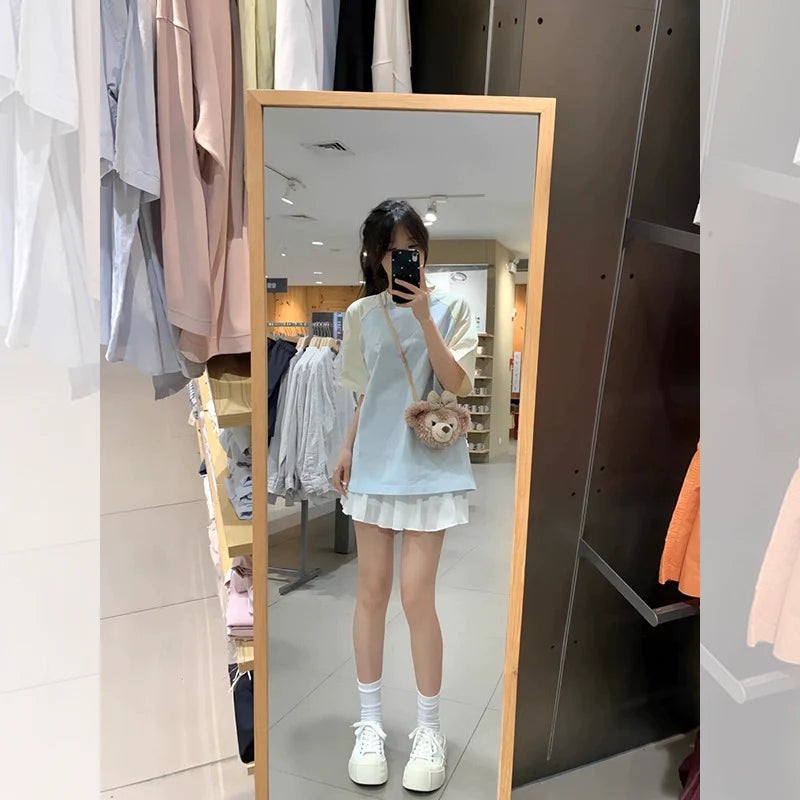 Contrasting Raglan Cotton Short-Sleeve Tee - kawaii-inspired outfit in pastel colors - 55130781