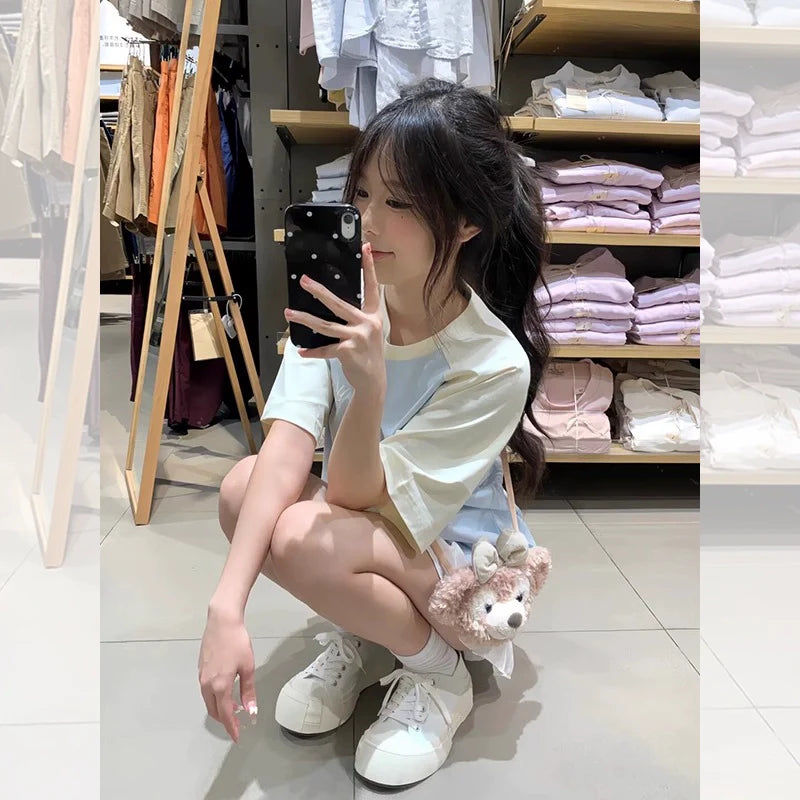 Contrasting Raglan Cotton Short-Sleeve Tee - kawaii-inspired outfit in pastel colors - 52299958