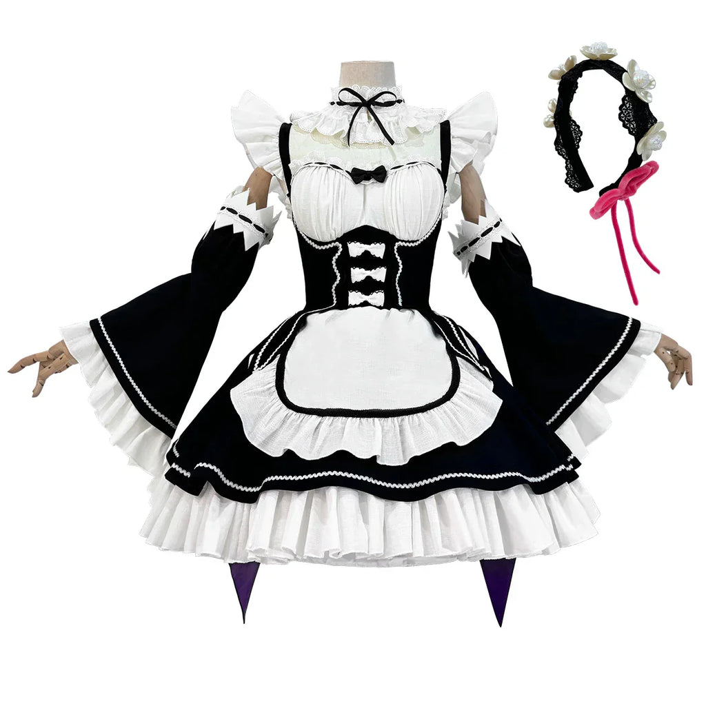 HOLOUN Zero Anime Rem Cosplay Costume Wig Lolita Maid Dress Black White Halloween Christmas - Costume only / XXL