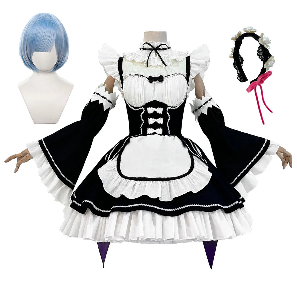 HOLOUN Zero Anime Rem Cosplay Costume Wig Lolita Maid Dress Black White Halloween Christmas - Costume & Wig / XS（old）