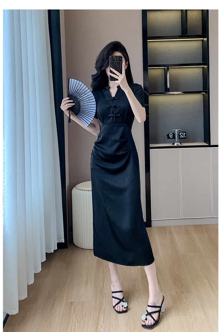 New Chinese-Style Women’s 2026 Petite Dress with Traditional Chinese Retro Buckle Design Slim Fit Black Dress