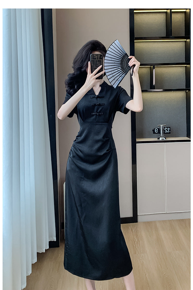 New Chinese-Style Women’s 2026 Petite Dress with Traditional Chinese Retro Buckle Design Slim Fit Black Dress