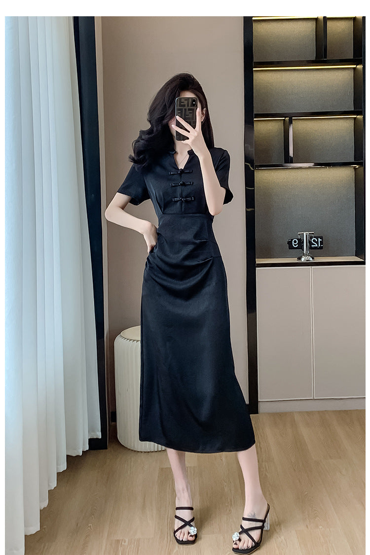 New Chinese-Style Women’s 2026 Petite Dress with Traditional Chinese Retro Buckle Design Slim Fit Black Dress