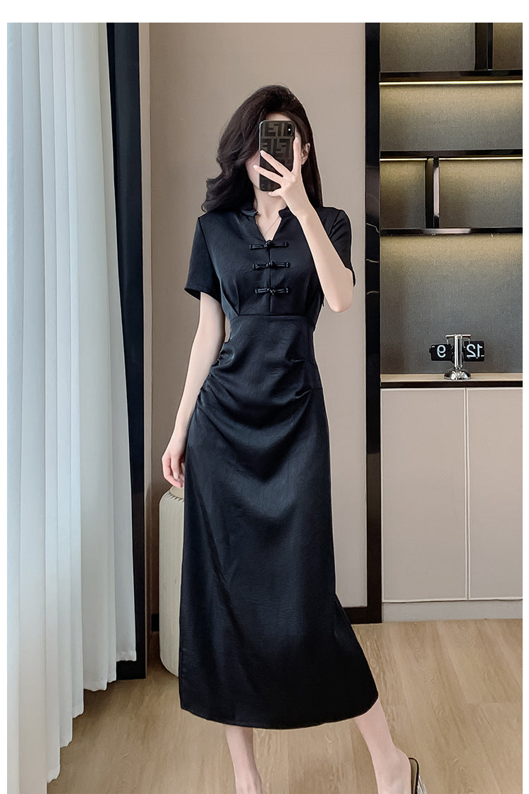 New Chinese-Style Women’s 2026 Petite Dress with Traditional Chinese Retro Buckle Design Slim Fit Black Dress