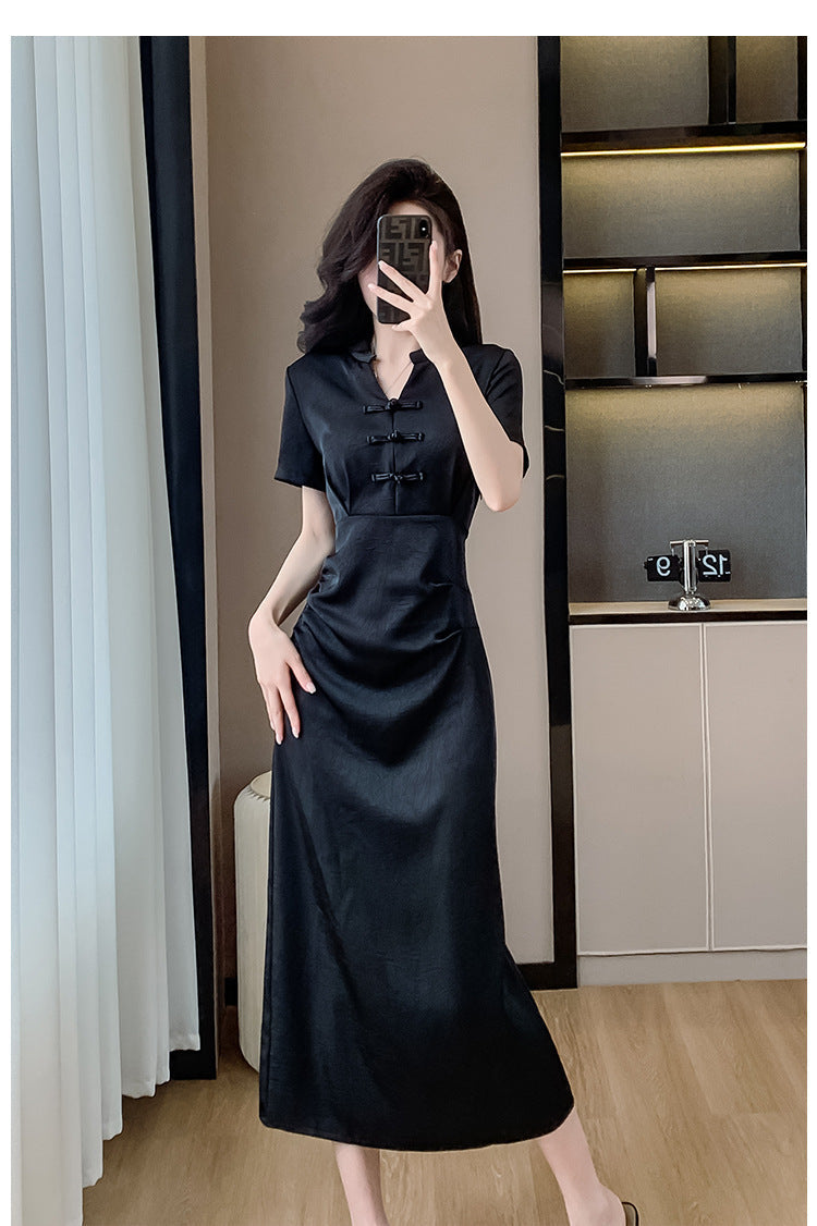 New Chinese-Style Women’s 2026 Petite Dress with Traditional Chinese Retro Buckle Design Slim Fit Black Dress