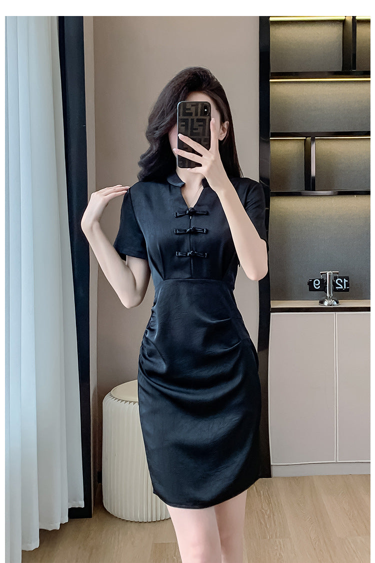 New Chinese-Style Women’s 2026 Petite Dress with Traditional Chinese Retro Buckle Design Slim Fit Black Dress