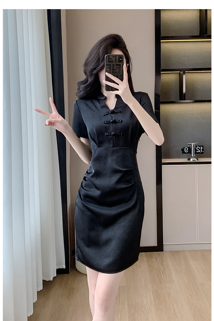 New Chinese-Style Women’s 2026 Petite Dress with Traditional Chinese Retro Buckle Design Slim Fit Black Dress