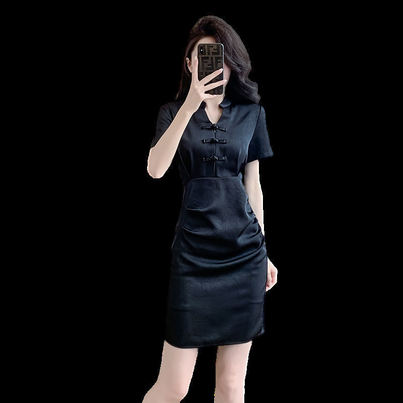 New Chinese-Style Women’s 2026 Petite Dress with Traditional Chinese Retro Buckle Design Slim Fit Black Dress