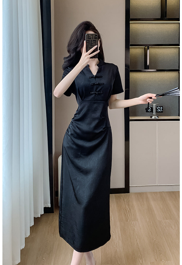 New Chinese-Style Women’s 2026 Petite Dress with Traditional Chinese Retro Buckle Design Slim Fit Black Dress