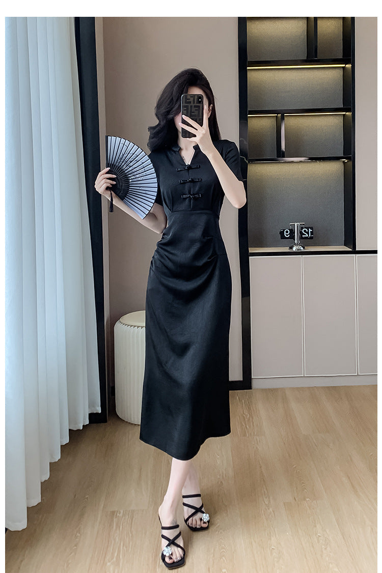 New Chinese-Style Women’s 2026 Petite Dress with Traditional Chinese Retro Buckle Design Slim Fit Black Dress