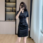 New Chinese-Style Women’s 2026 Petite Dress with Traditional Chinese Retro Buckle Design Slim Fit Black Dress - Short