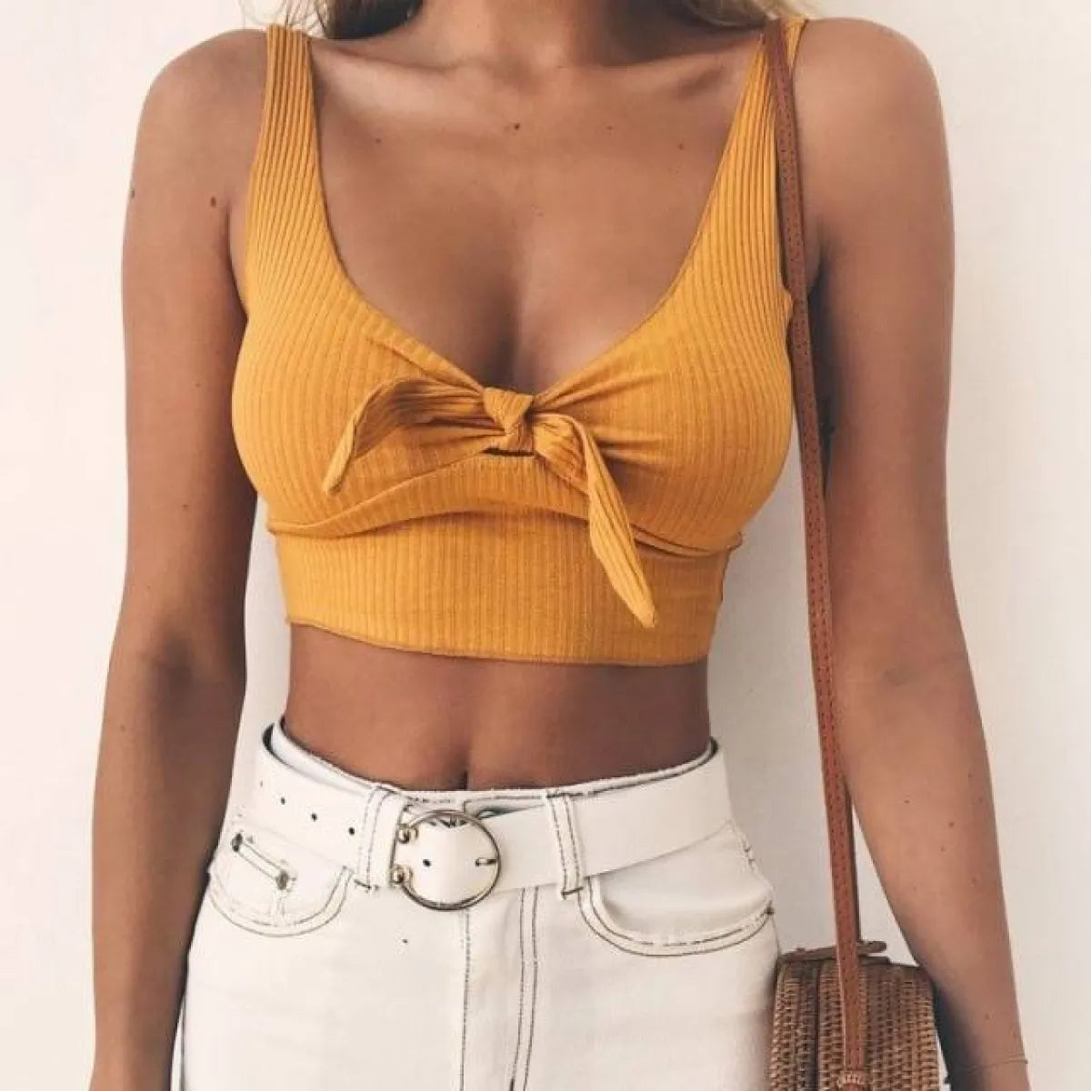 Ribbed Bow Crop Top Sleeveless Camisole