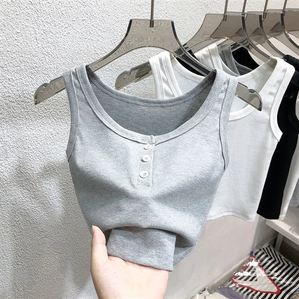 Ribbed Button Front Tank Top - Tank Top