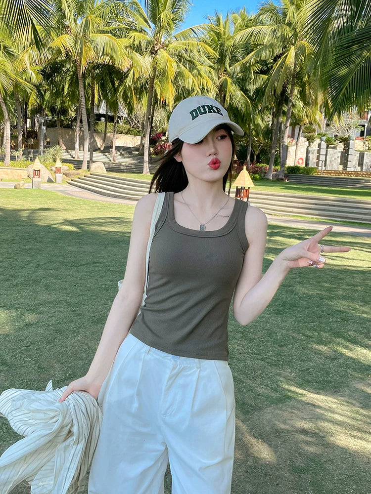 Summer Plus-Size Stretch Ribbed Camisole - kawaii-inspired outfit in pastel colors - 56841220