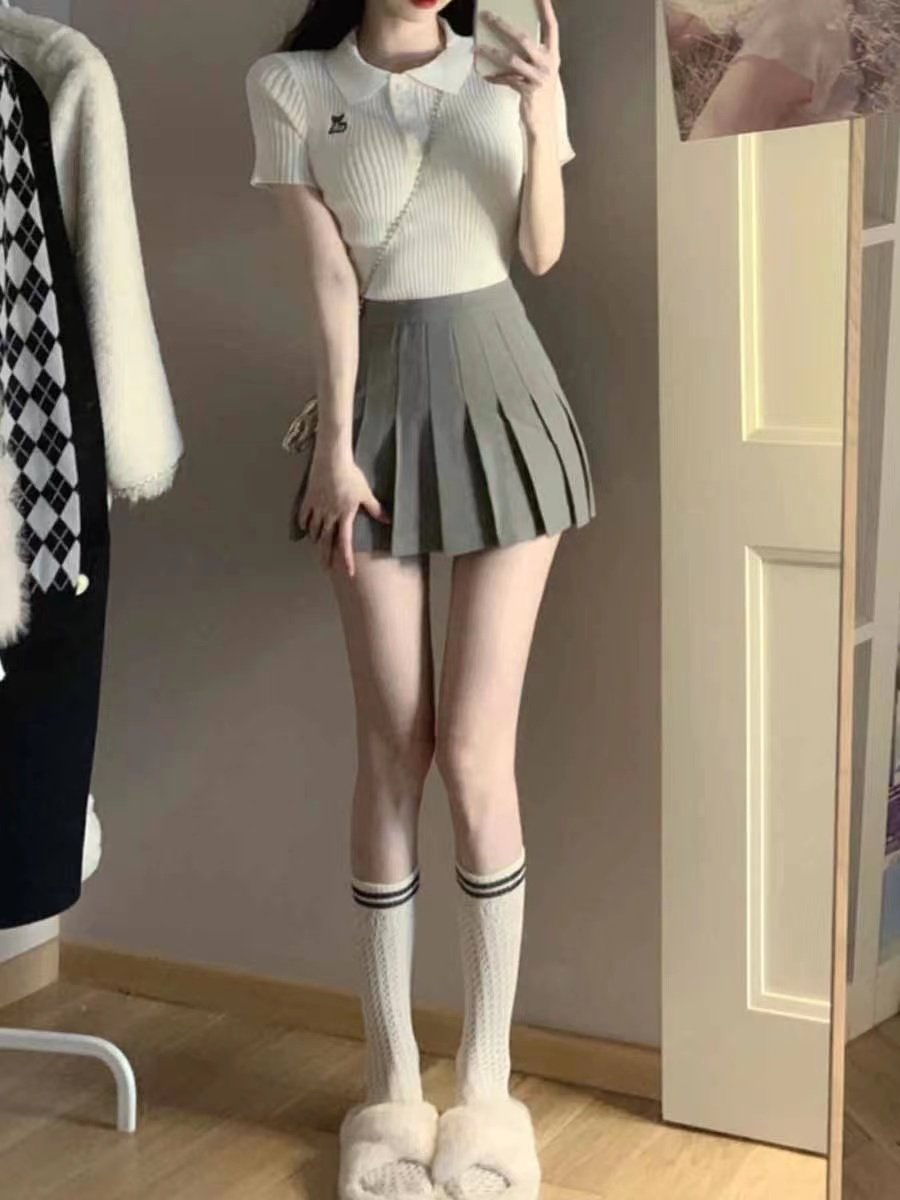 Korean College Ribbed Top & Pleated Skirt Set - kawaii-inspired outfit in pastel colors - 82234808