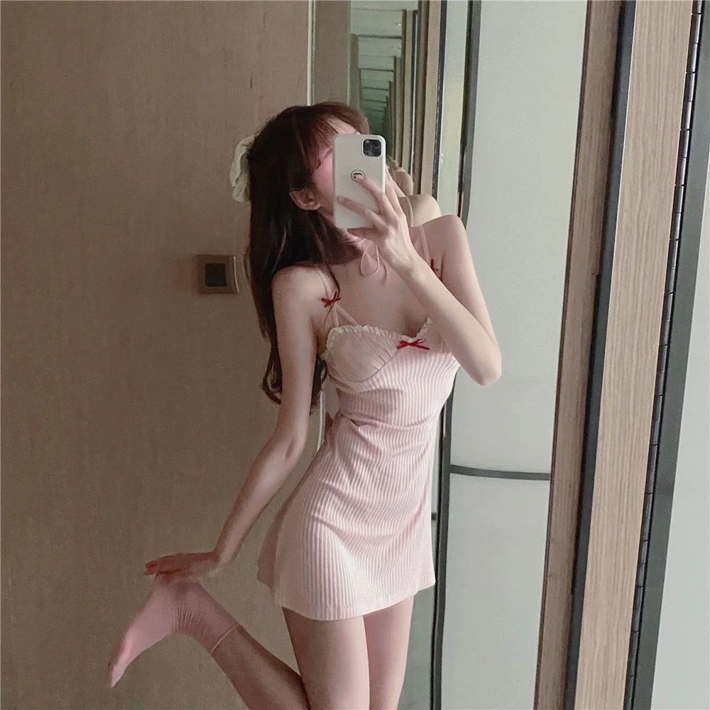 Pink Ribbed Bow Mini Dress - kawaii-inspired outfit in pastel colors - 12789773