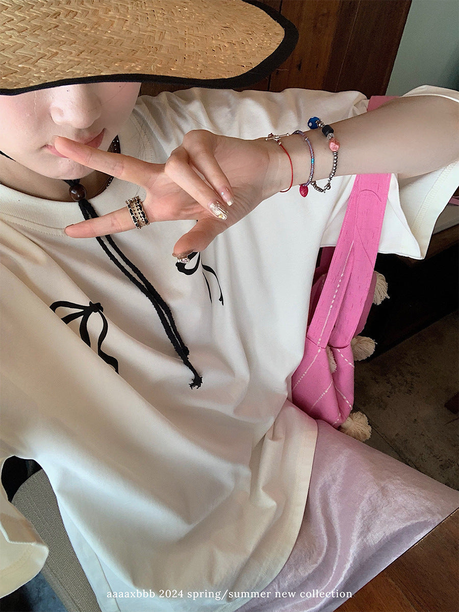 Ribbon Print Oversized Tee - kawaii-inspired outfit in pastel colors - 33761894