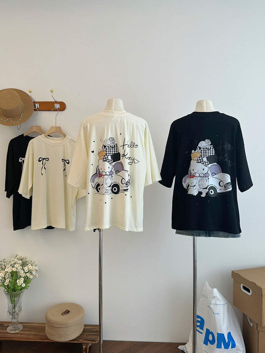 Ribbon Print Oversized Tee - kawaii-inspired outfit in pastel colors - 93417704
