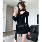 Real Shot of 2026 Spring/Summer French-Style Spicy Girl V-Neck Dress with Ribbon Design Unique Long-Sleeve Black