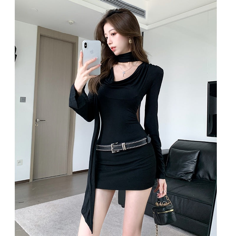 Real Shot of 2026 Spring/Summer French-Style Spicy Girl V-Neck Dress with Ribbon Design Unique Long-Sleeve Black