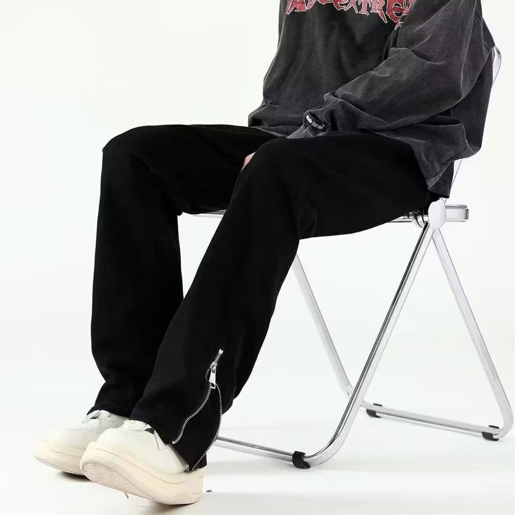 American Style Vibe Style Pants High Street Trendy Ins Black Ripped Jeans Men’s Summer Thin Zipper Split Pants