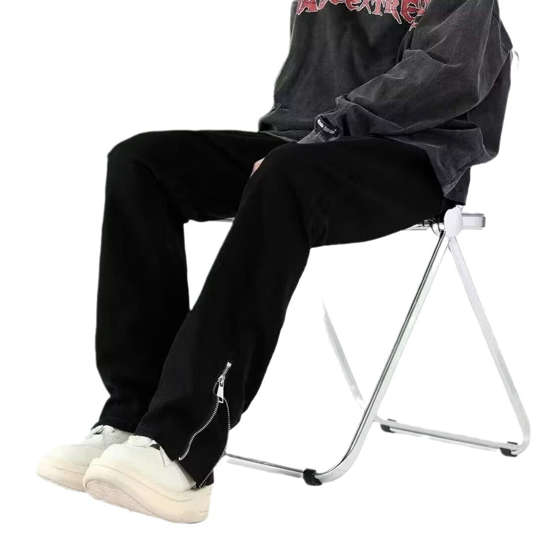 American Style Vibe Style Pants High Street Trendy Ins Black Ripped Jeans Men’s Summer Thin Zipper Split Pants