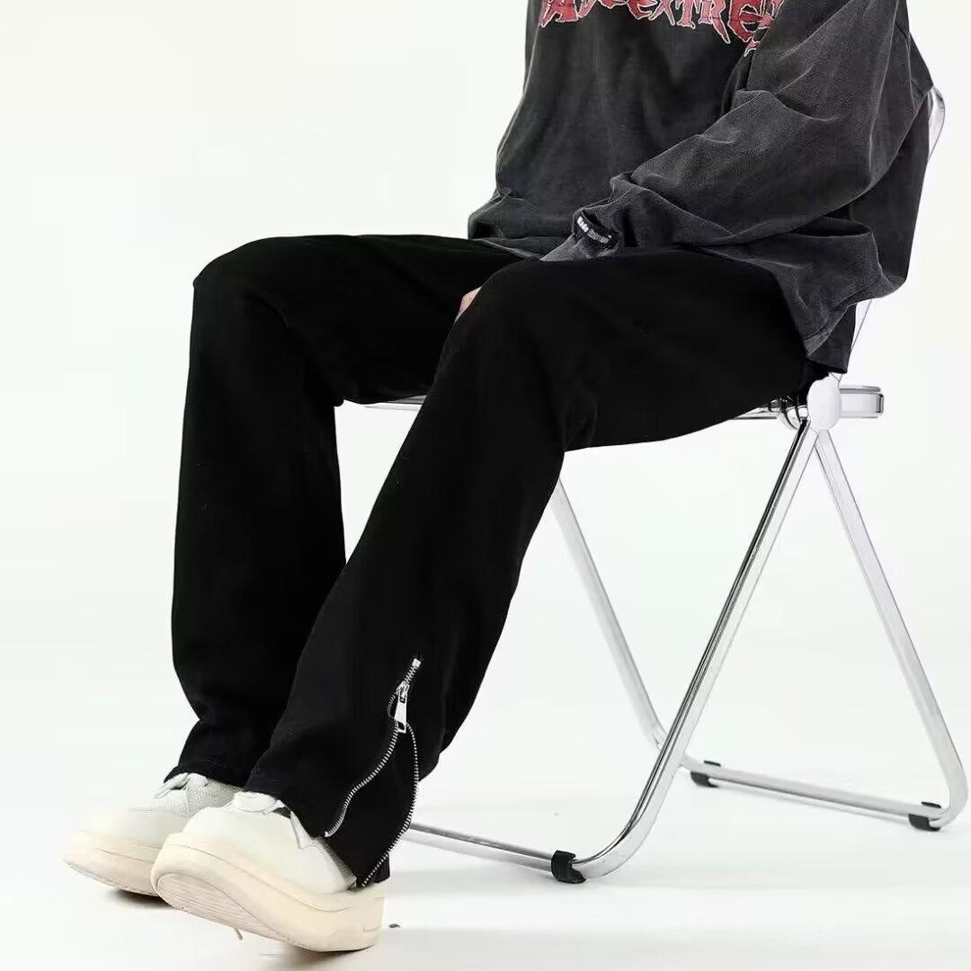 American Style Vibe Style Pants High Street Trendy Ins Black Ripped Jeans Men’s Summer Thin Zipper Split Pants - Black