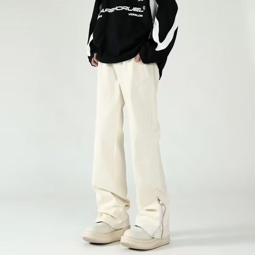 American Style Vibe Style Pants High Street Trendy Ins Black Ripped Jeans Men’s Summer Thin Zipper Split Pants - White